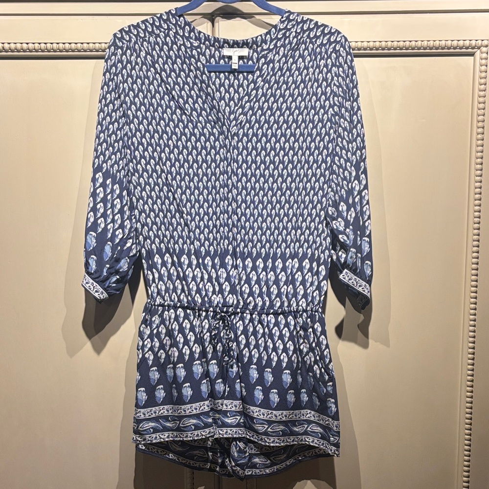Joie Navy and White Feather Print Silk Romper